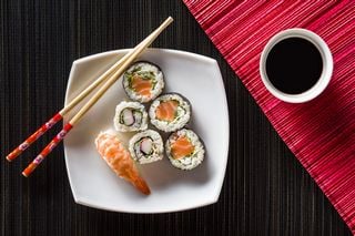 sushi and chopsticks on a plate